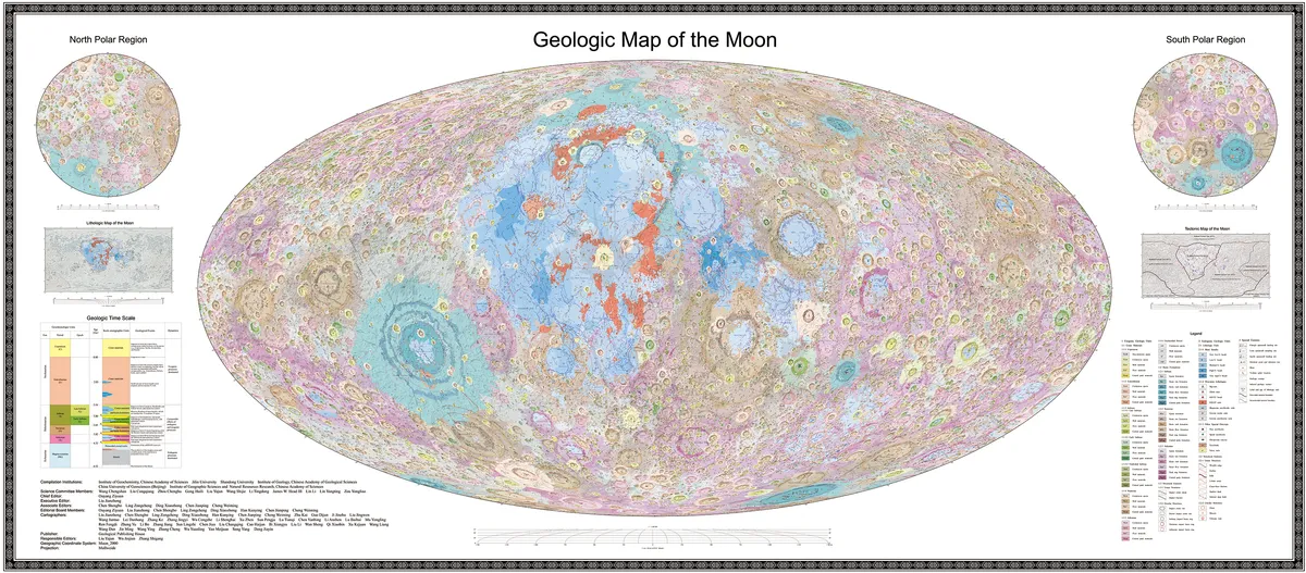 This Geologic Map represents perhaps the most familiar of the three new ways of representing the lunar surface and composition.