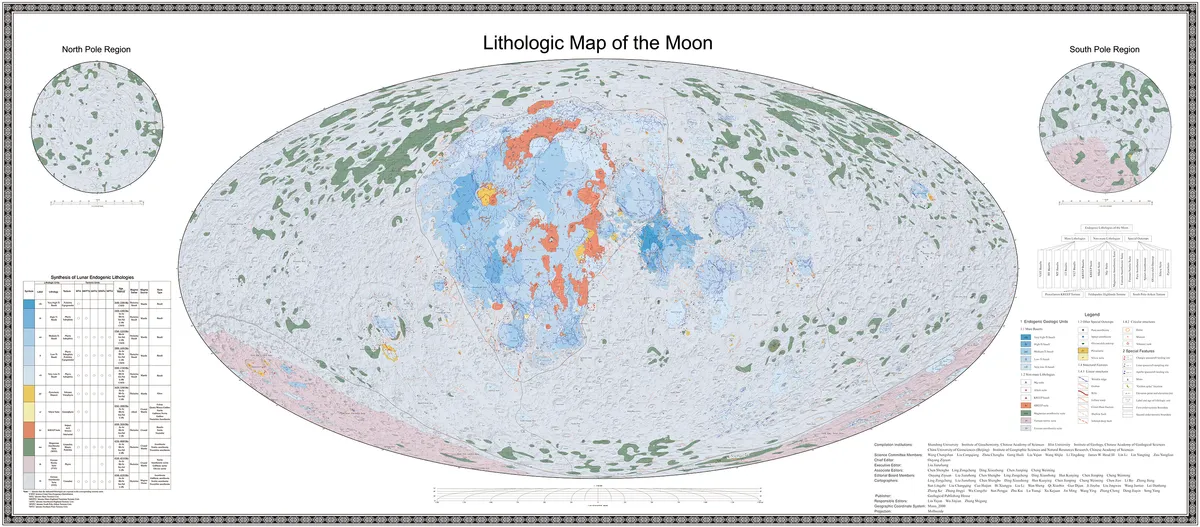 The Lithographic Map shows the Moon in a new way with the different types of rocks shown by their color.